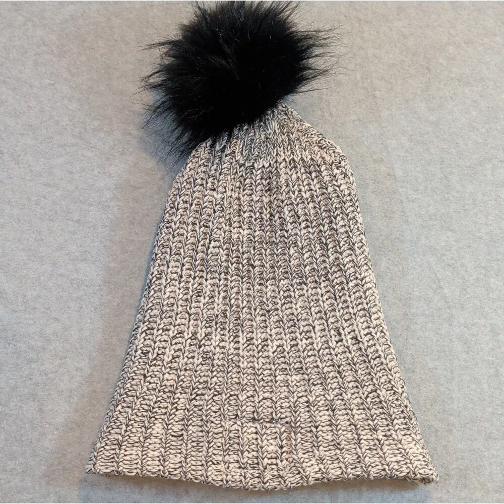 Love Your Melon Women's Gray Black Speckled Pom Beanie Hat Brown Logo One Size
